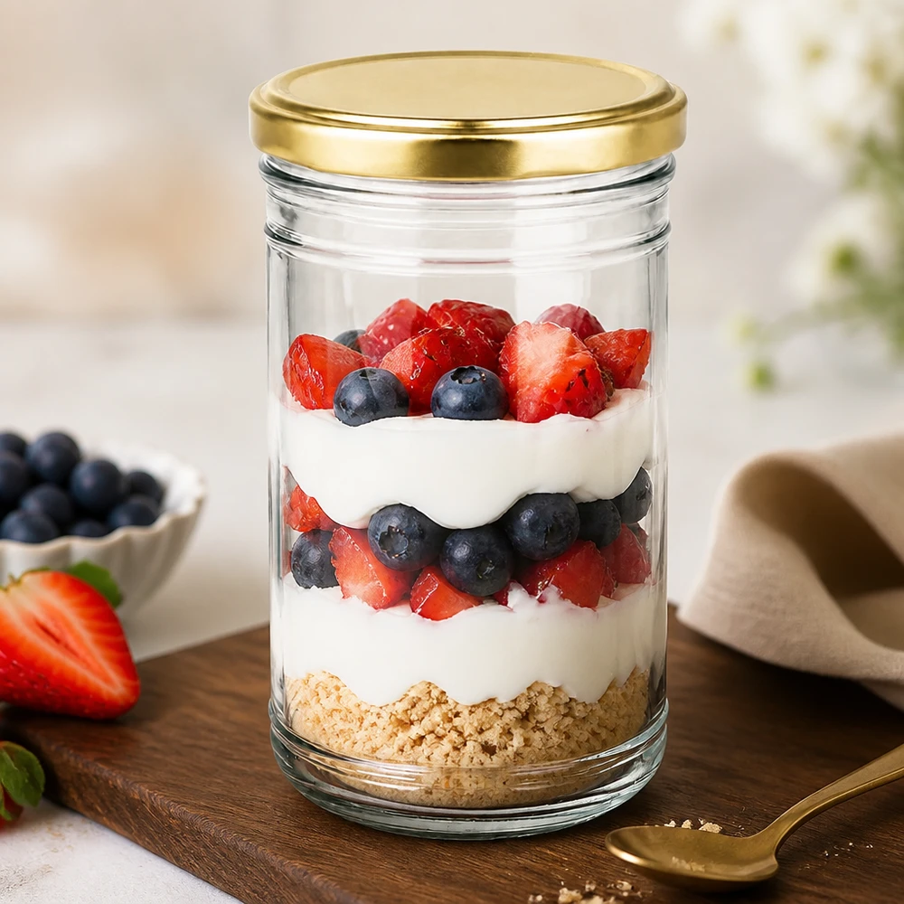 1053ml Verre conique avec couvercle BasicSeal or UNiTWIST Dessert à couches avec baies et yaourt dans un bocal de 1053 ml avec couvercle doré pour une idée de dessert saine