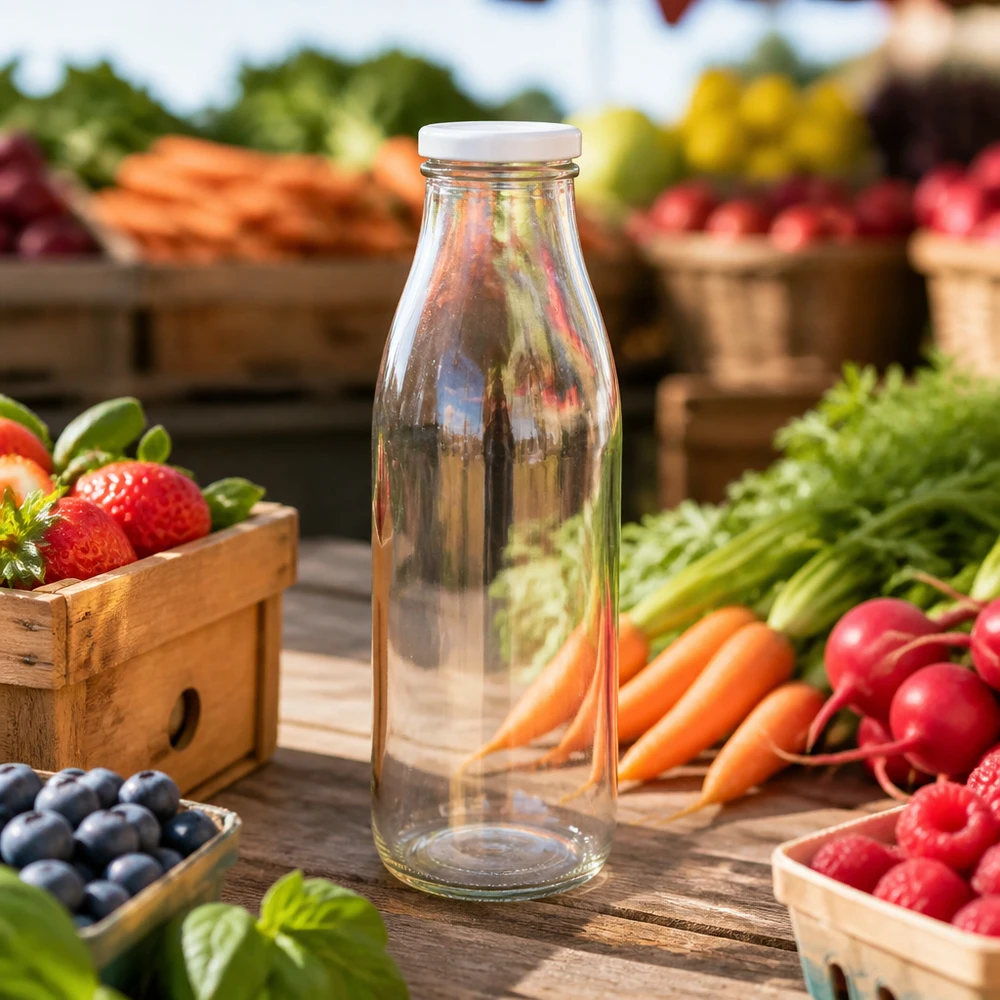 500ml Bouteille avec couvercle BasicSeal blanc UNiTWIST Bouteille en verre de 500 ml avec couvercle BasicSeal sur une table en bois parmi les fruits et légumes frais sur un étal de marché
