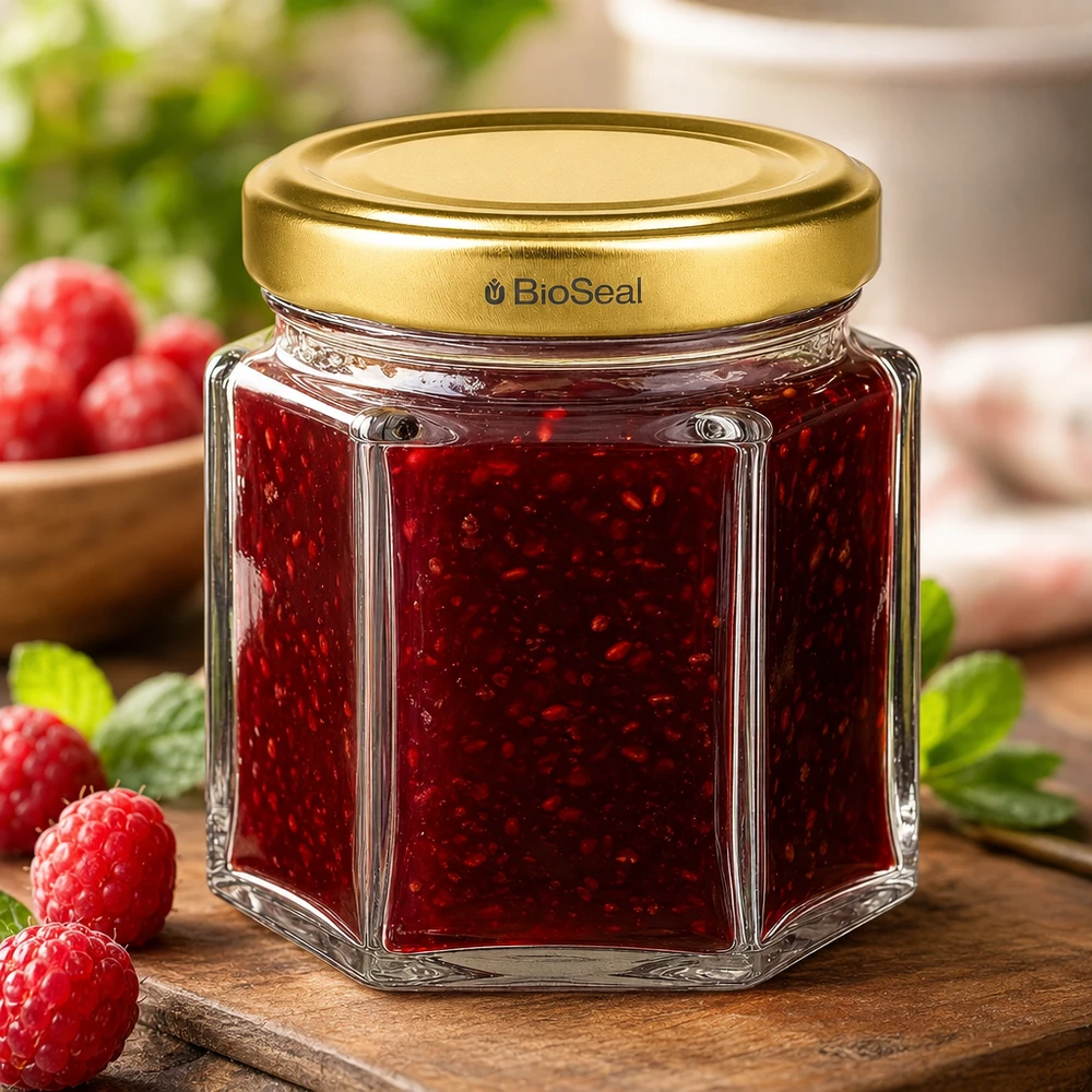 Pot à miel 60 g avec couvercle doré BioSeal UNiTWIST Pot de miel hexagonal BioSeal de 60g avec confiture de framboises rouges sur planche en bois décorée de framboises fraîches