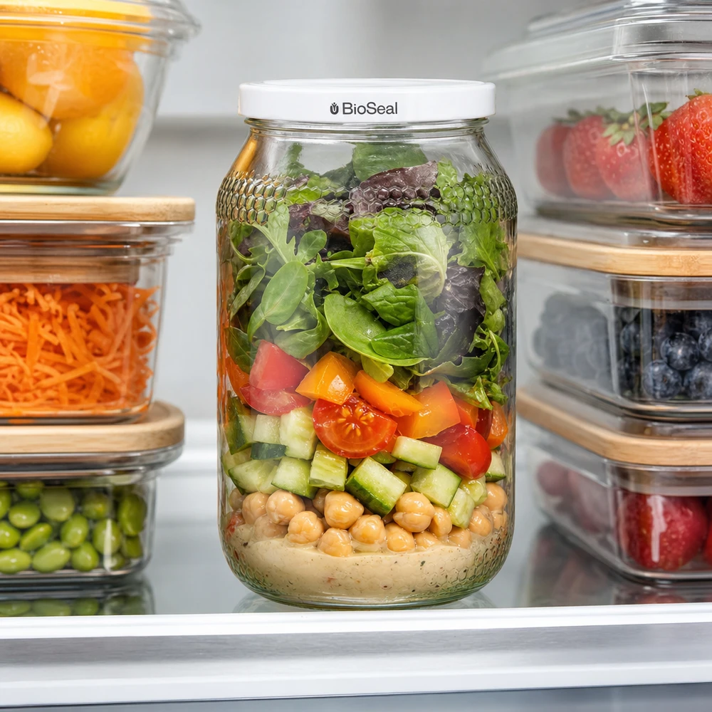 Pot à miel 1260 g avec couvercle blanc BioSeal UNiTWIST Pot de miel de 900ml avec couvercle BioSeal comme récipient de Meal Prep dans le réfrigérateur rempli de salade de pois chiches et de légumes