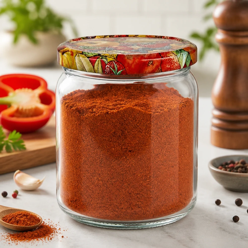 408ml Verre rond avec couvercle BasicSeal décor fruits UNiTWIST Pot rond de 408 ml rempli de paprika en poudre montre l'utilisation pratique en cuisine du couvercle décoratif pour fruits pour conserver les épices.