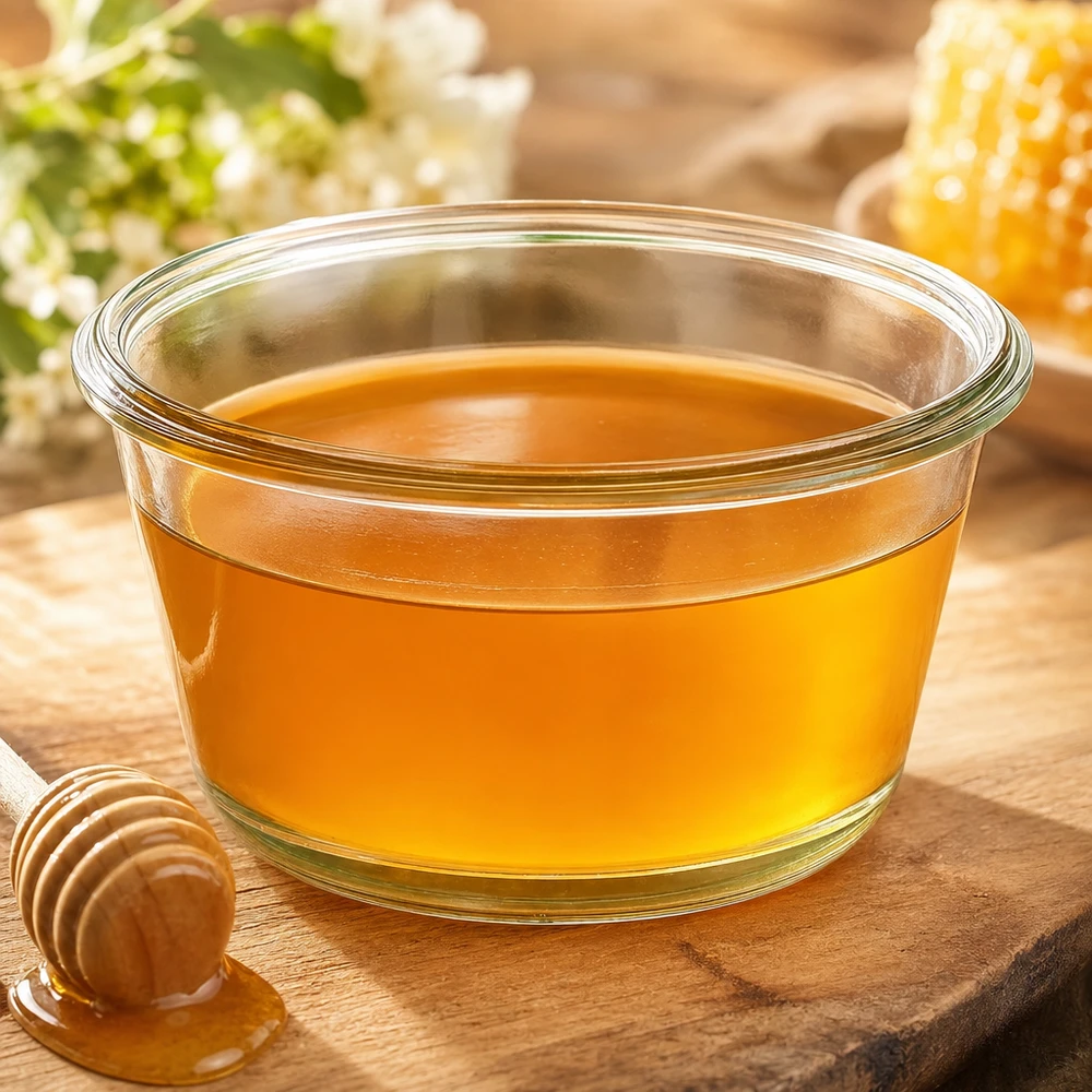 WECK RR100 Pot gourmand de 290 ml rempli de miel doré sur une table en bois à côté de cuillères à miel et de rayons d'abeilles