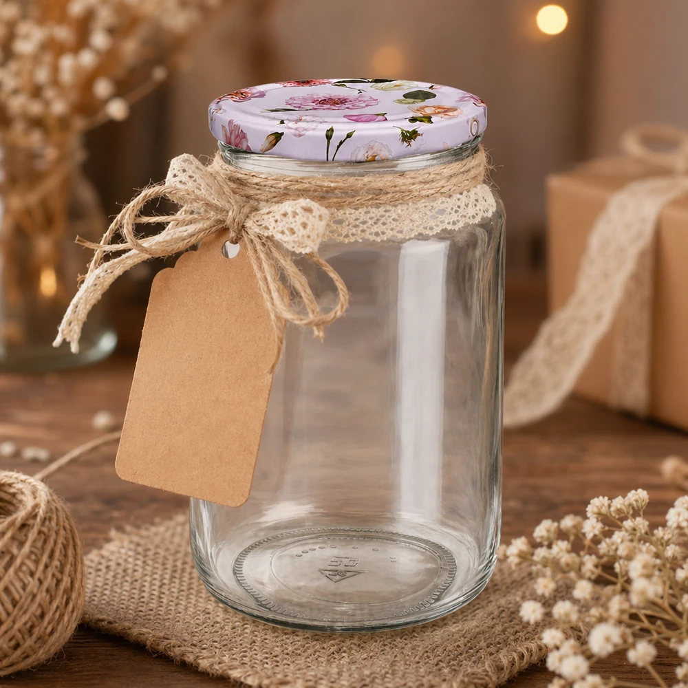 Pot rond de 795 ml + couvercle BasicSeal fleur rose UNiTWIST 795ml verre rond vide avec couvercle BasicSeal rose fleurs décoration rustique ficelle de jute papier kraft pendentif emballage cadeau