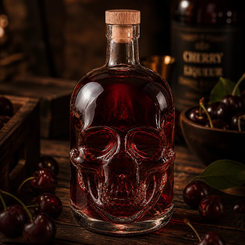 Bouteille en verre 700 ml « Jack » avec bouchon en bois UNiTWIST® Totenkopf-Glasflasche 700ml Jack mit roter Flüssigkeit gefüllt zwischen dunklen Kirschen in mystischer Bar-Atmosphäre