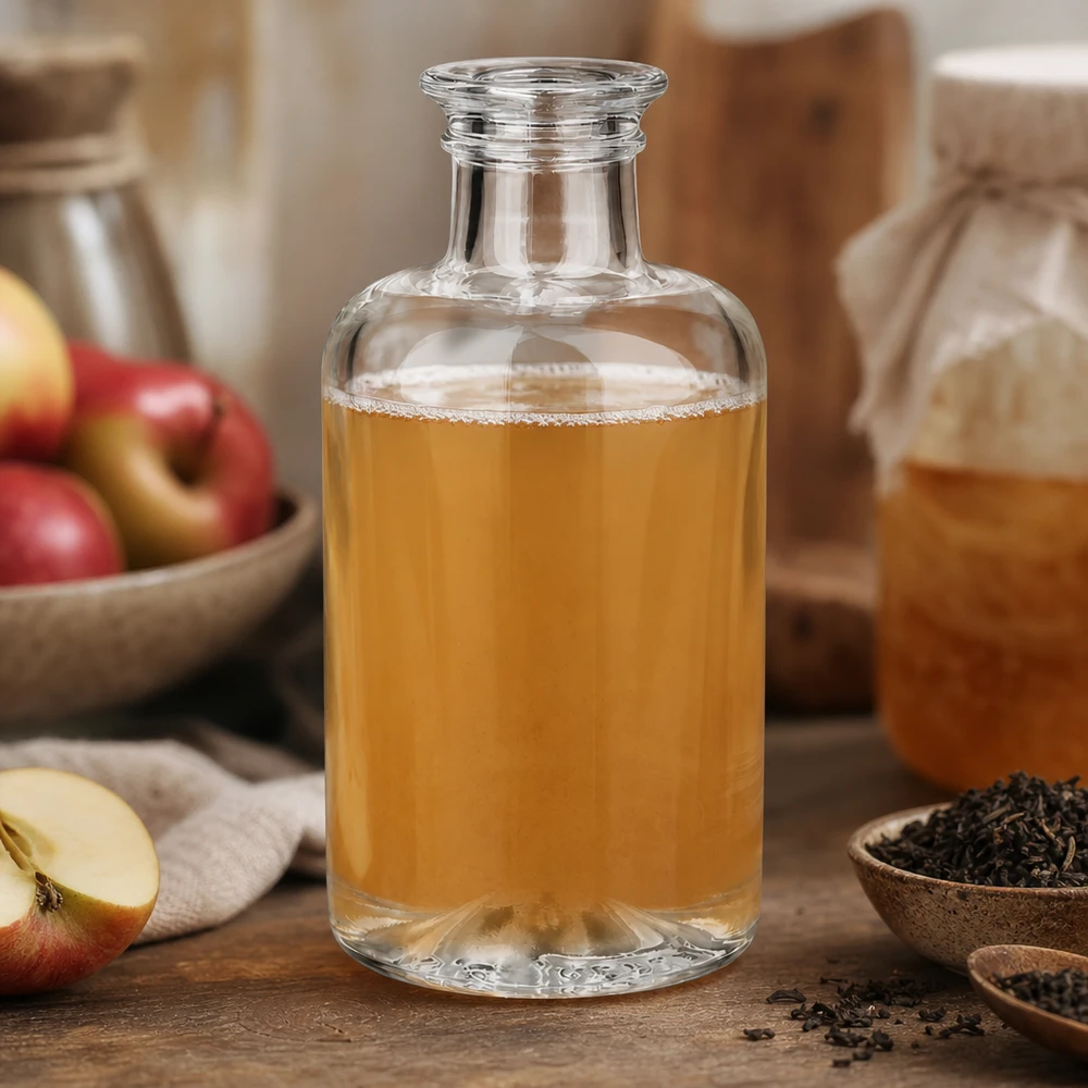 Bouteille en verre Sofia de 100 ml remplie de jus de pomme à côté de pommes fraîches et d'herbes à thé sur une table en bois naturel