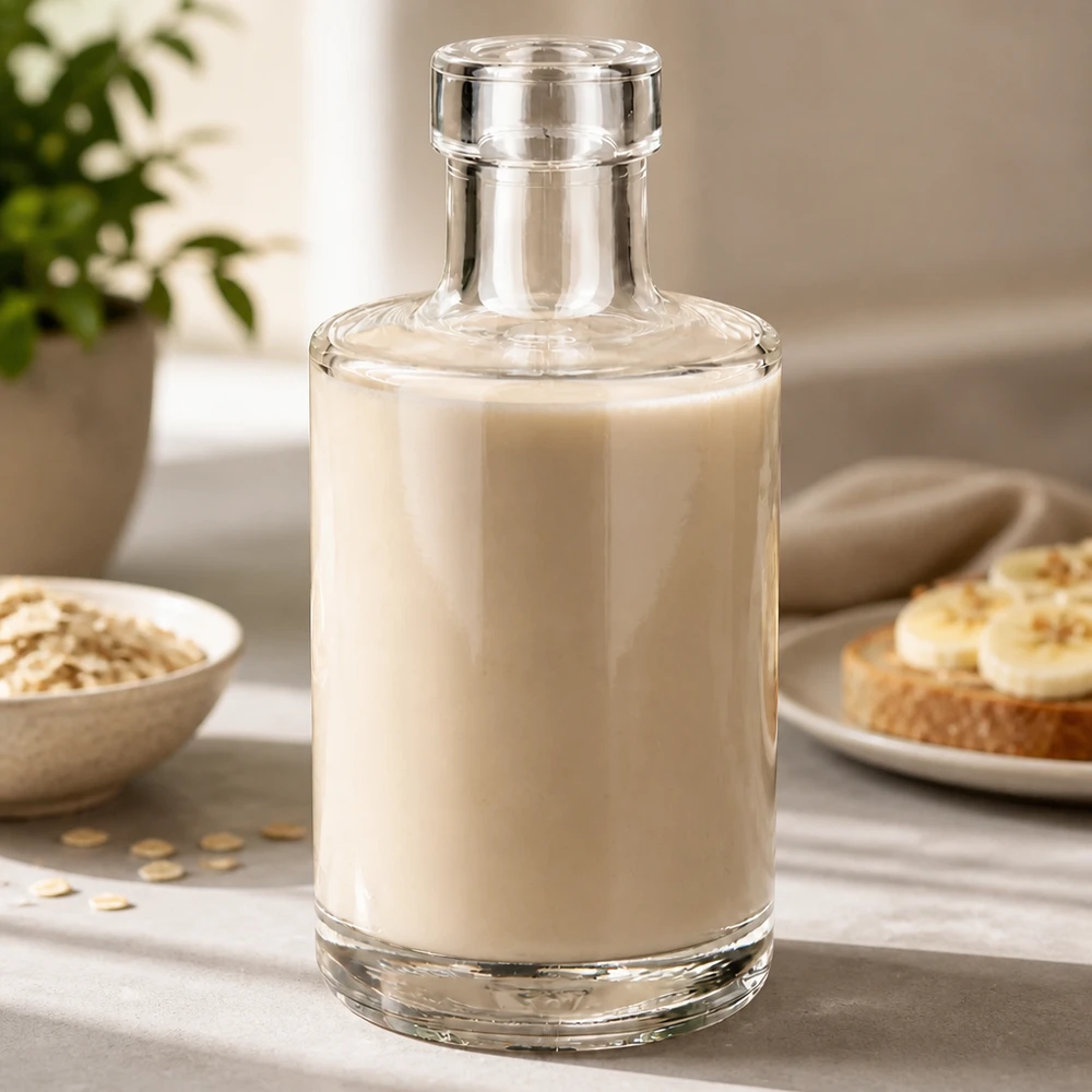 Bouteille Marie en verre 200 ml « » sans bouchon UNiTWIST® Bouteille en verre Marie 200ml remplie de lait d'avoine Lifestyle Scène de cuisine avec flocons d'avoine et pain Application