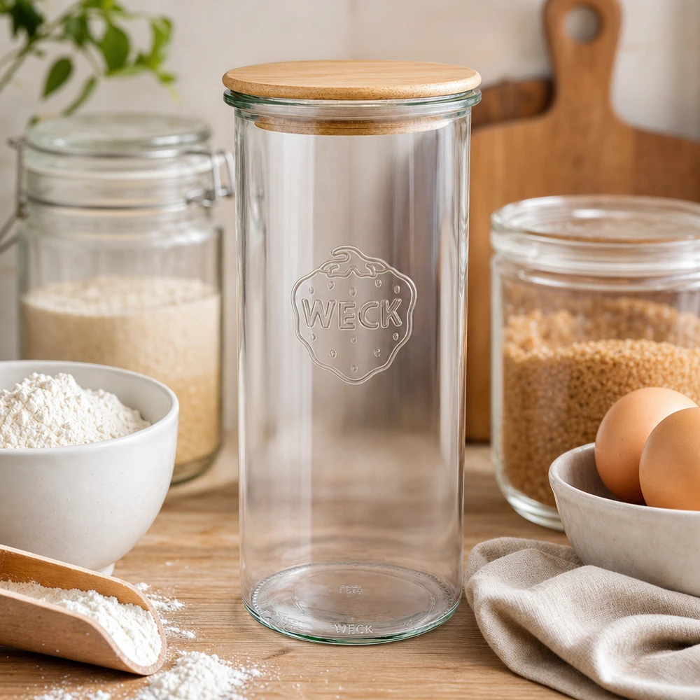 1500ml bocal conique WECK RR100 avec couvercle en bois WECK Verre renversé 1500ml RR100 avec couvercle en bois pour farine céréales boulangerie décoration de cuisine style scandinave