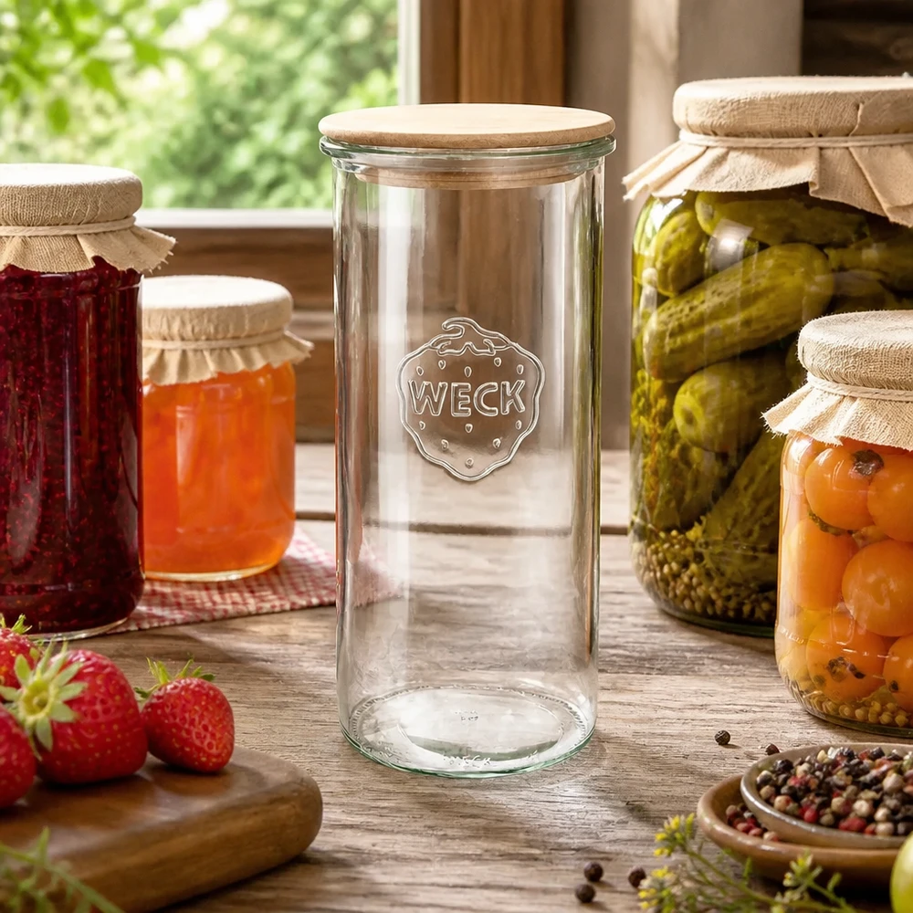 1500ml bocal conique WECK RR100 avec couvercle en bois WECK Pot renversé RR100 1500ml Pot de conservation avec couvercle en bois dans une cuisine rustique avec confiture et cornichons marinés