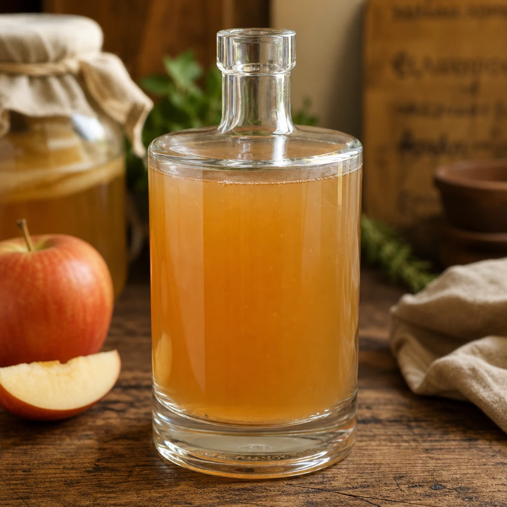 Bouteille en verre Marie de 500 ml remplie de cidre à côté de pommes fraîches montre une utilisation polyvalente pour les jus faits maison
