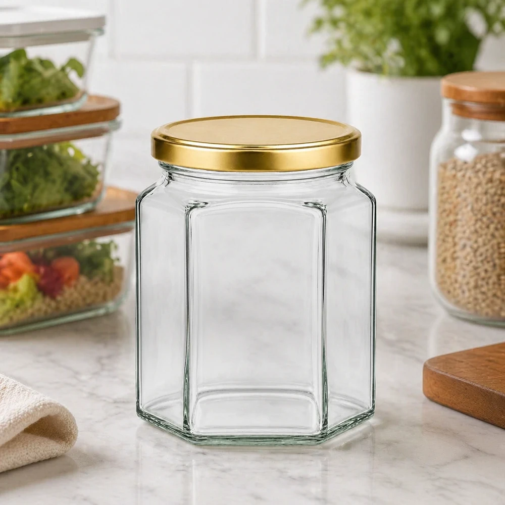 288ml Verre hexagonal avec couvercle BasicSeal or UNiTWIST Leeres 288ml Hexaglas mit goldenem BasicSeal Deckel in moderner Küche zeigt vielseitige Aufbewahrungsmöglichkeiten