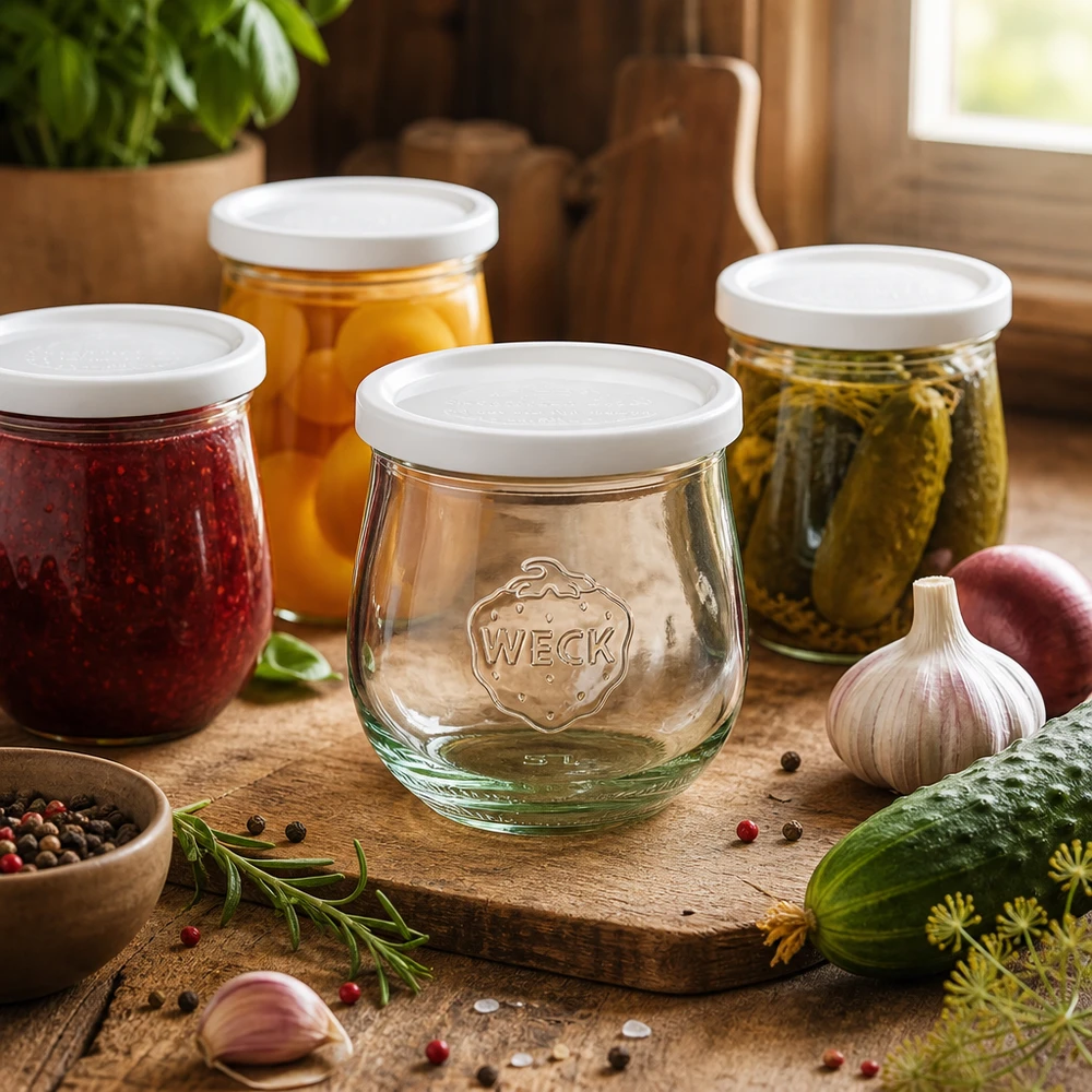 WECK Pot tulipe 370ml RR80 dans une scène de cuisine avec des conserves, des épices et des herbes disposées sur une planche en bois