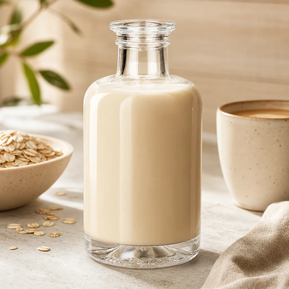 Flacon à pharmacie « Sofia » 100 ml sans bouchon UNiTWIST® Bouteille en verre Sofia de 100 ml remplie de lait d'avoine à côté de flocons d'avoine et d'une tasse sur un fond clair