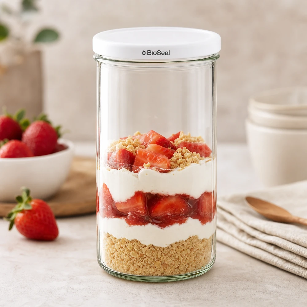 277ml Verre conique avec couvercle BioSeal blanc UNiTWIST UNiTWIST Sturz277 Dessert stratifié fraises crème crumble blanc TO66 BioSeal couvercle verre à dessert Tiramisu