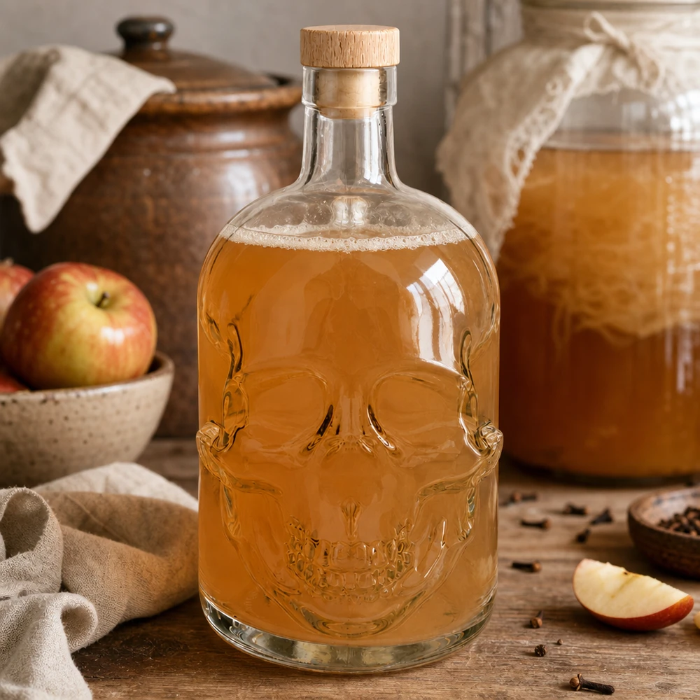 Totenkopf-Glasflasche 700ml mit Apfelmost gefüllt neben Äpfeln und Gewürzen in rustikaler Küchen-Destillerie