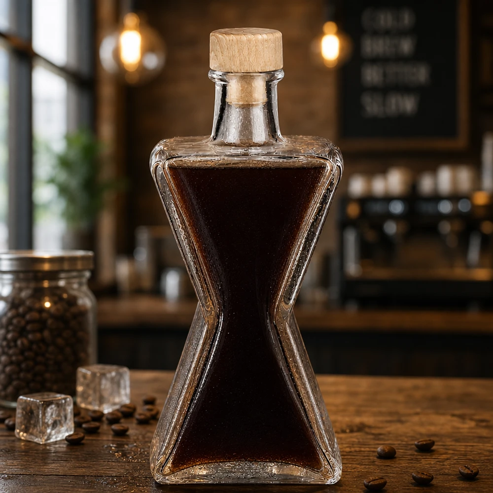 Bouteille en verre 200 ml « Star » avec bouchon en bois UNiTWIST® 200ml Glasflasche Star mit Kaffeelikör befüllt - Holzkorken UNiTWIST in stilvoller Café-Atmosphäre mit Kaffeebohnen