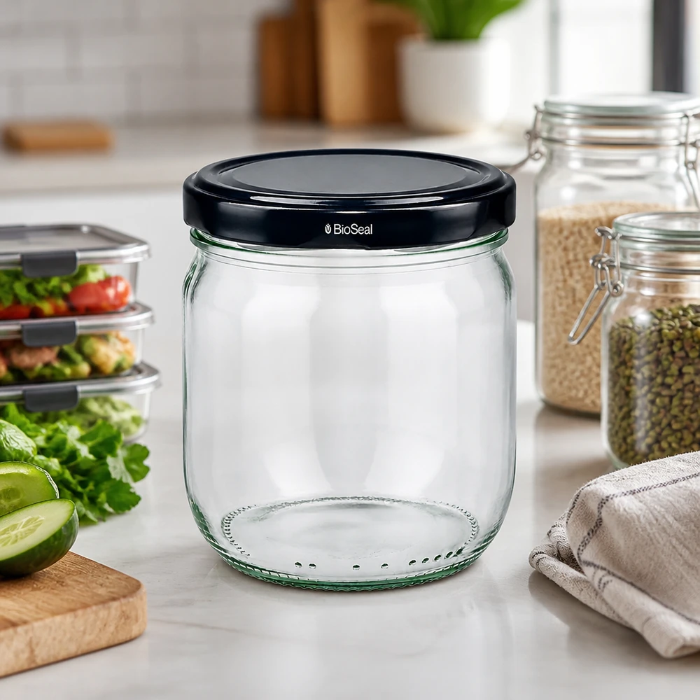 425ml Verre rond avec couvercle BioSeal noir UNiTWIST 425ml verre rond BioSeal noir vide sur le plan de travail de la cuisine à côté des légumes et des bocaux à provisions montre la disponibilité d'utilisation