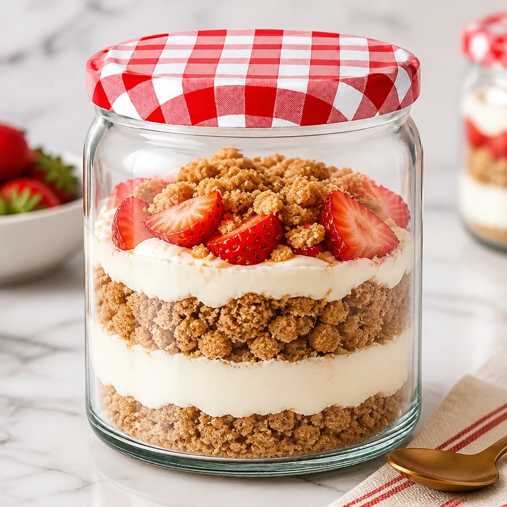 408ml Verre rond avec couvercle BasicSeal rouge/blanc UNiTWIST Verre rond de 408ml comme verre à dessert avec dessert stratifié fraises crème crumble BasicSeal couvercle rouge blanc à carreaux