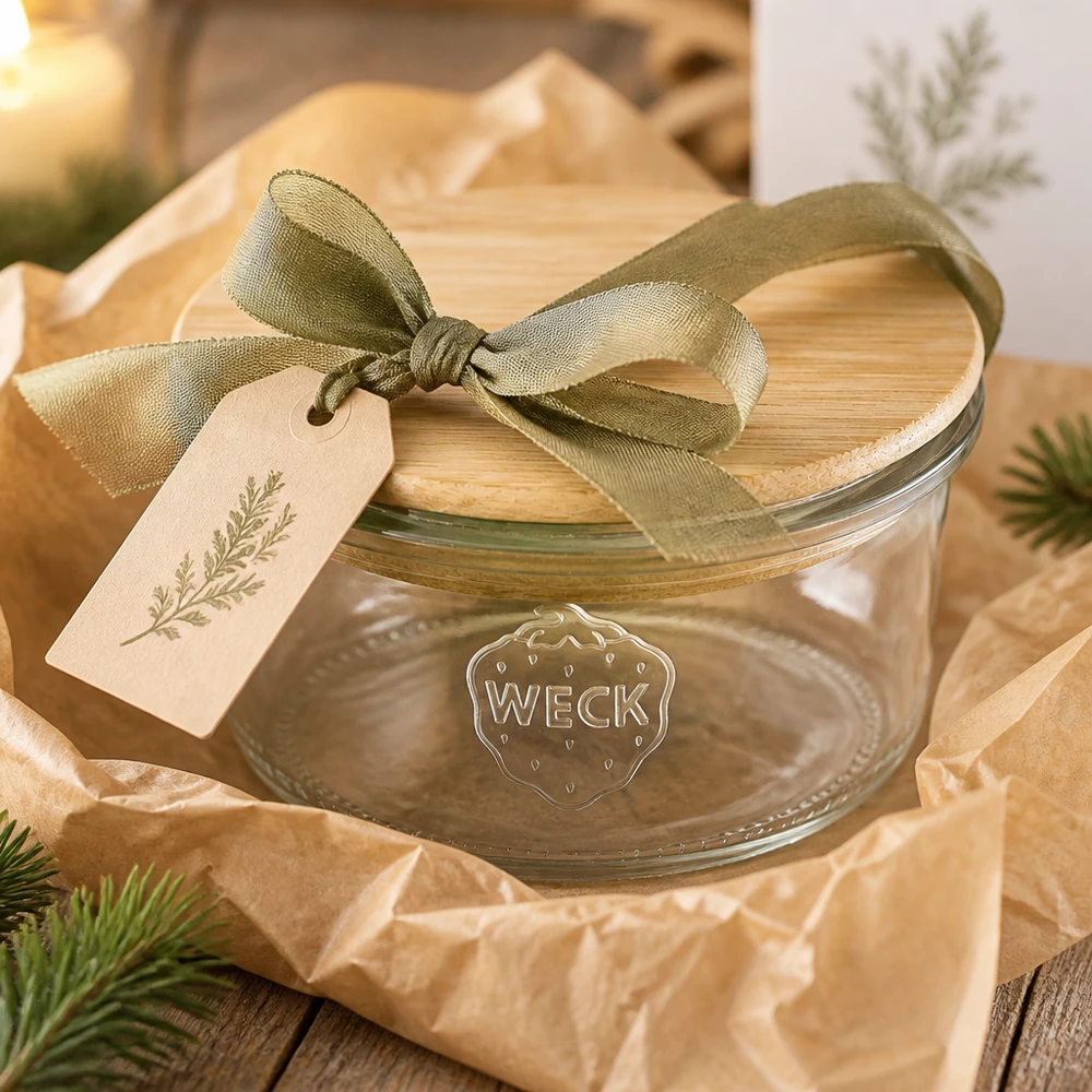 165ml bocal conique WECK RR80 avec couvercle en bois WECK Verre renversé 165ml RR80 comme set cadeau avec ruban vert et pendentif sur une table en bois décorée pour Noël