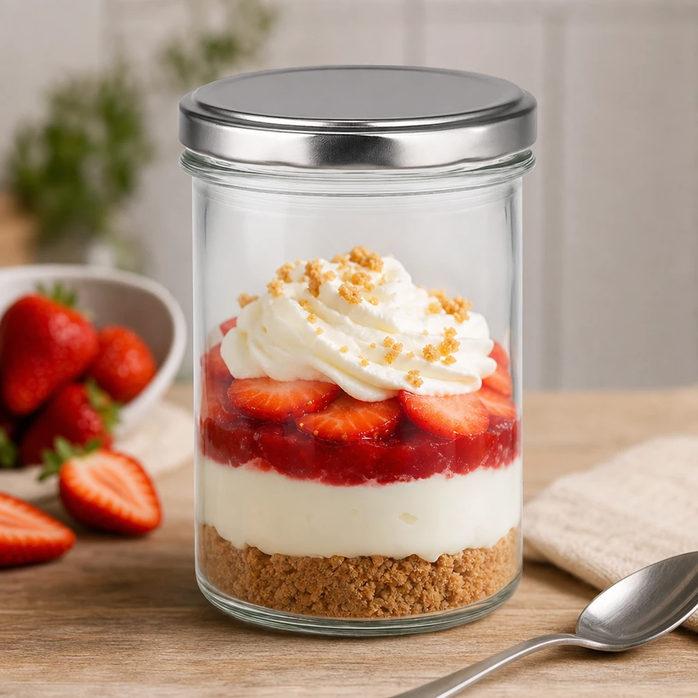 350ml Verre conique avec couvercle BasicSeal argent UNiTWIST 350ml Sturzglas mit BasicSeal Deckel silber als Dessertglas mit Erdbeeren Sahne und Keksboden perfekt für Nachspeisen