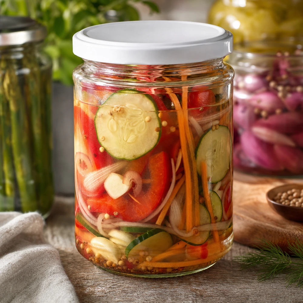 390ml Verre rond avec couvercle BasicSeal blanc UNiTWIST 390ml Rundglas UNiTWIST mit eingelegtem Gemüse gefüllt - ideal für Pickles Fermentiertes und saure Konserven