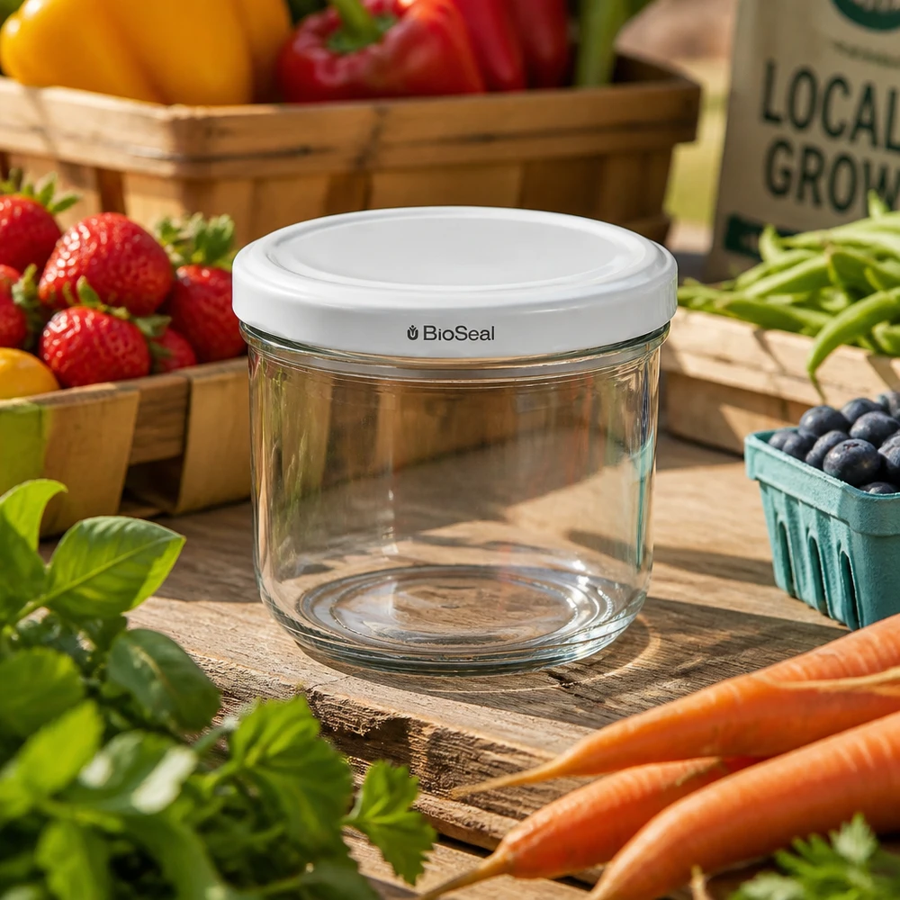UNiTWIST Sturz260 Pot de conservation entre fruits et légumes frais sur table en bois - pot en verre de 260ml avec couvercle TO82
