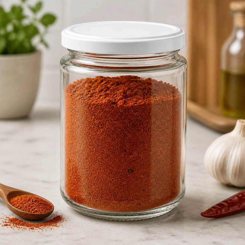 390ml Verre rond avec couvercle BasicSeal blanc UNiTWIST 390ml pot rond UNiTWIST rempli de poudre de paprika montre une utilisation pratique comme pot à épices dans la cuisine