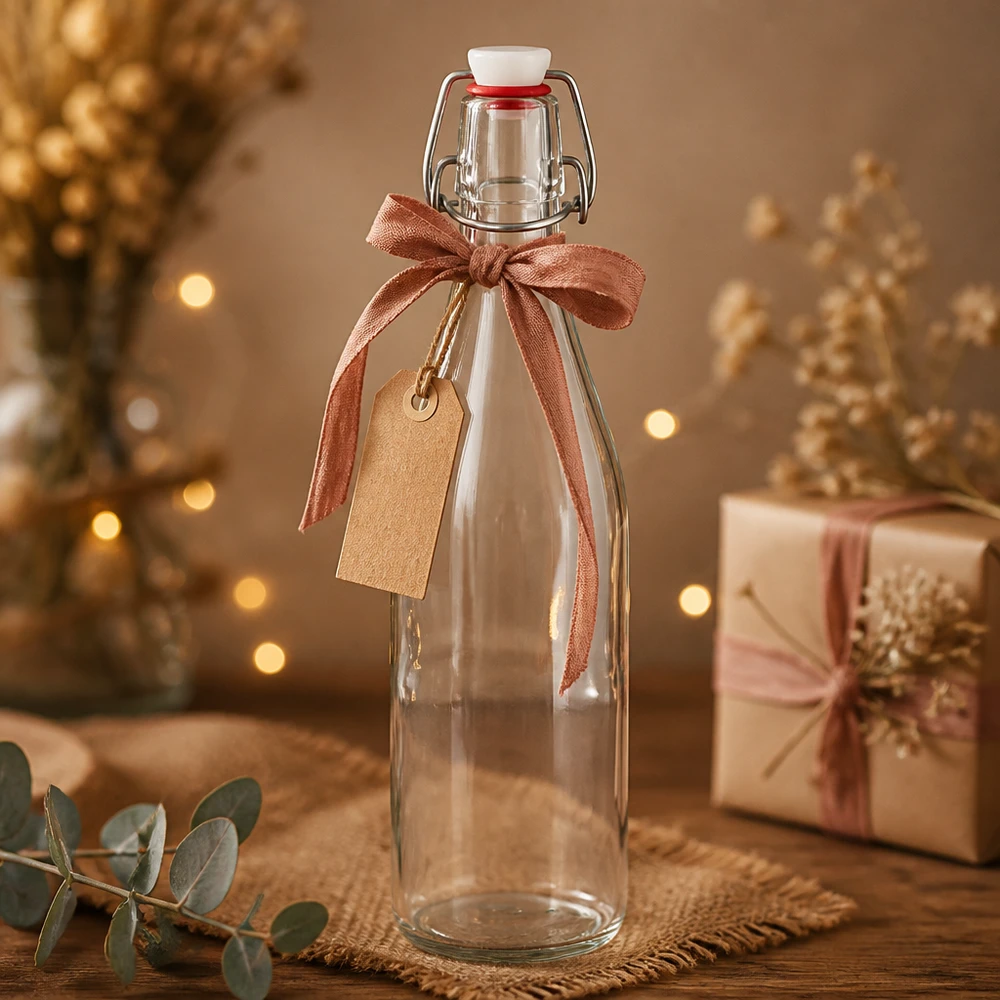 Bouteille en verre de 500ml Bouchon à étrier Décoration de Noël Emballage cadeau Ruban Jour Lumières dorées