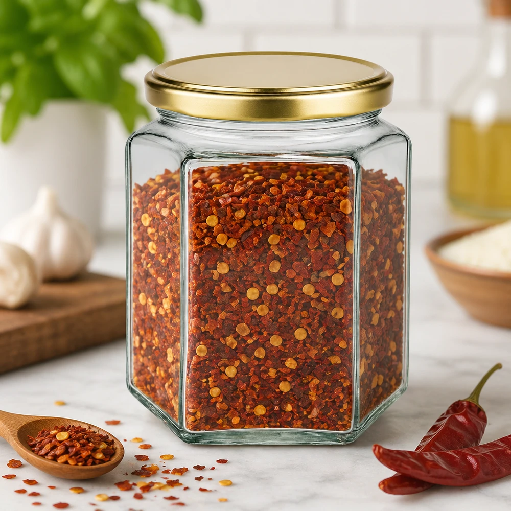 Pot à miel 500 g avec couvercle doré BasicSeal UNiTWIST Pot de miel hexagonal de 500g BasicSeal avec bouchon doré rempli de flocons de chili épices cuisine