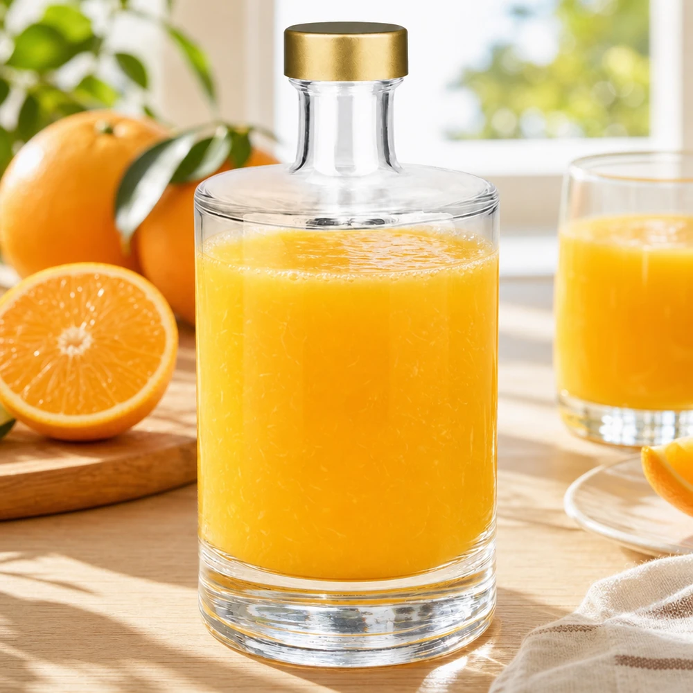 Bouteille en verre 500 ml « Sam » + bouchon à vis doré UNiTWIST® 500ml Glasflasche Sam mit Orangensaft befüllt goldener UNiTWIST Verschluss frische Orangen Frühstücks Szene natürliches