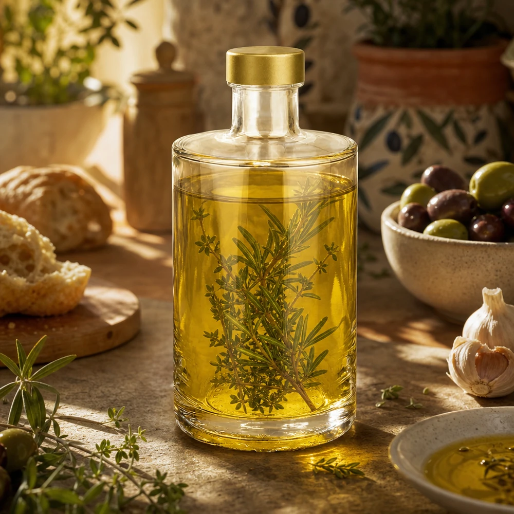 375ml Bouteille en verre Sam remplie d'huile aux herbes romarin thym bouchon doré UNiTWIST décoration de cuisine méditerranéenne