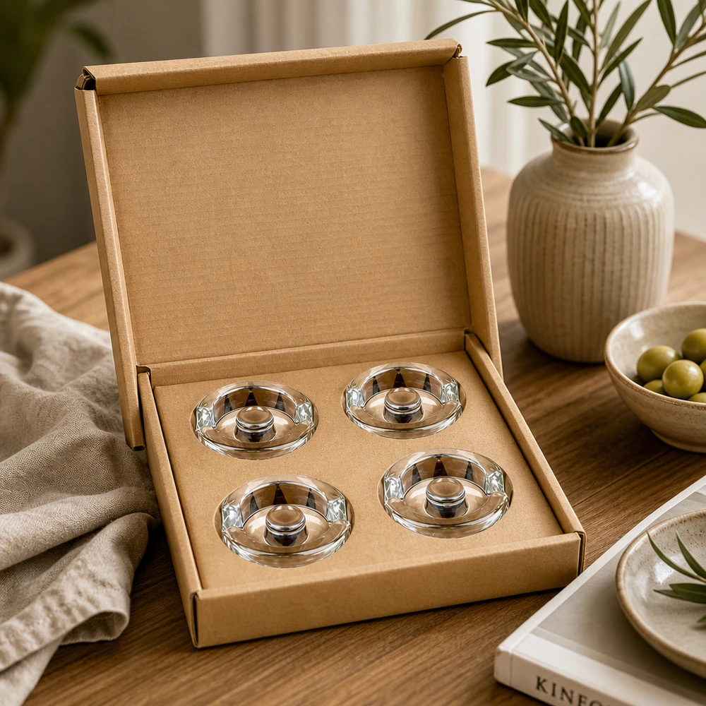 Ensemble de 4 poids en verre UNiTWIST Fermentier-Glasgewichte 4er Set in stilvoller Kartonbox auf Holztisch neben Olivenschale und Keramikvase