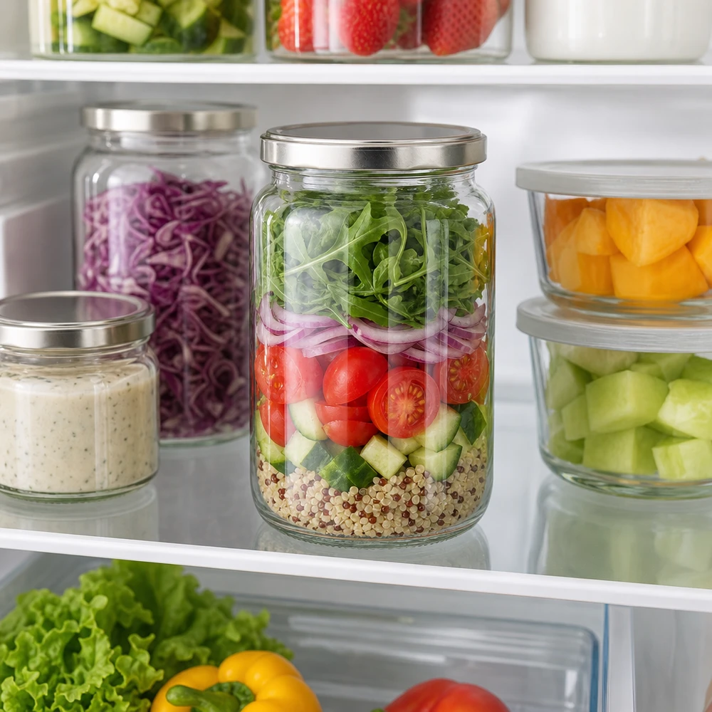 795ml Verre rond avec couvercle BasicSeal argent UNiTWIST Pot rond de 795 ml avec couvercle BasicSeal argenté comme récipient Meal Prep dans le réfrigérateur rempli de salade en couches