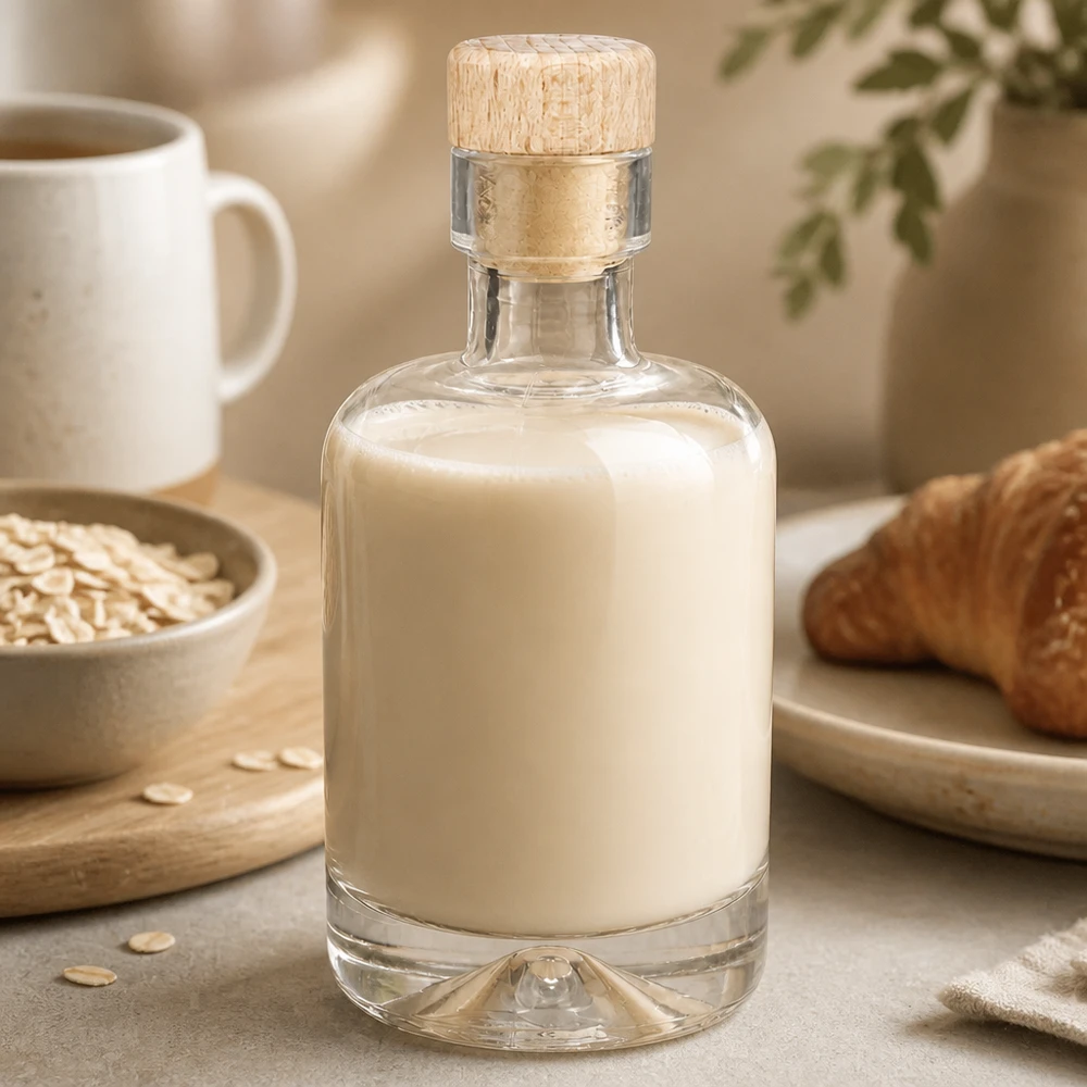 Bouteille en verre 50 ml « Amelie » avec bouchon en bois UNiTWIST 50ml Glasflasche Amelie mit cremigem Hafermilch-Inhalt neben Haferflocken und Gebäck im gemütlichen Küchen-Ambiente
