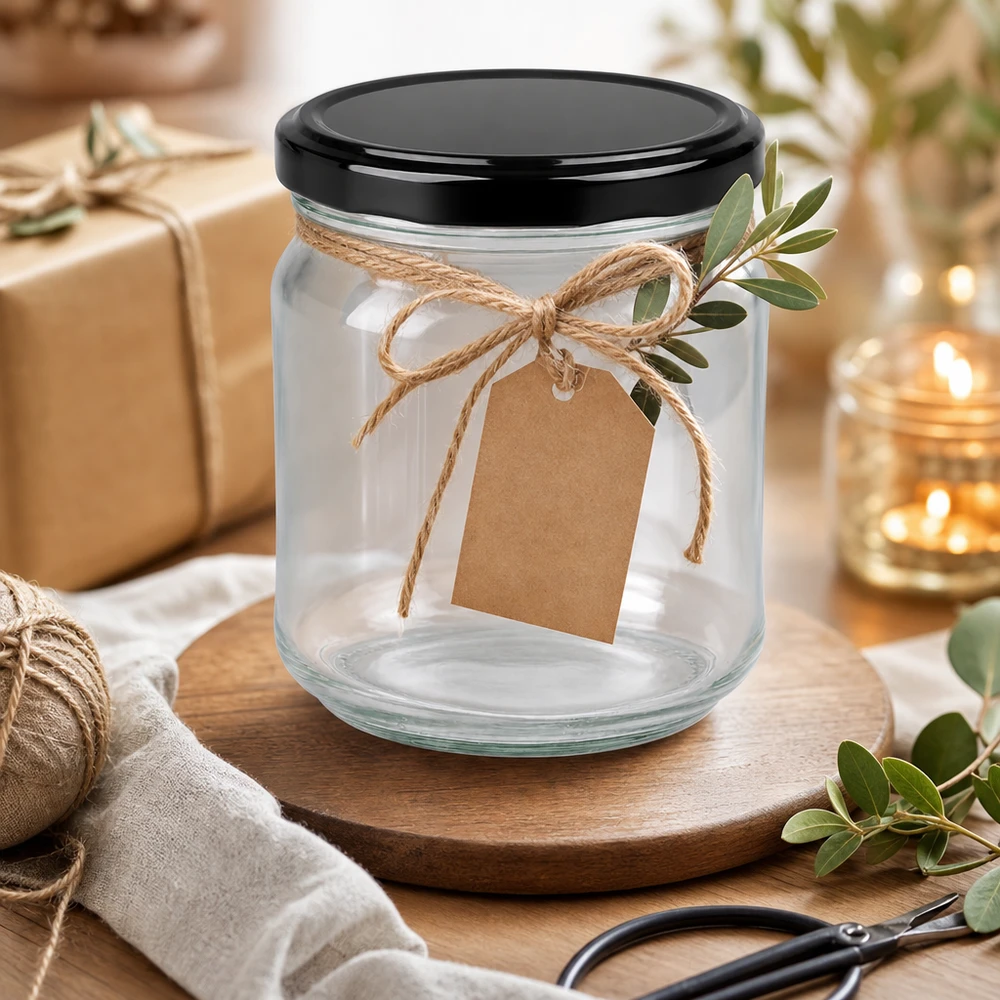212ml verre rond avec couvercle BasicSeal noir vide décoré avec un cordon de jute étiquette cadeau et un rameau d'olivier