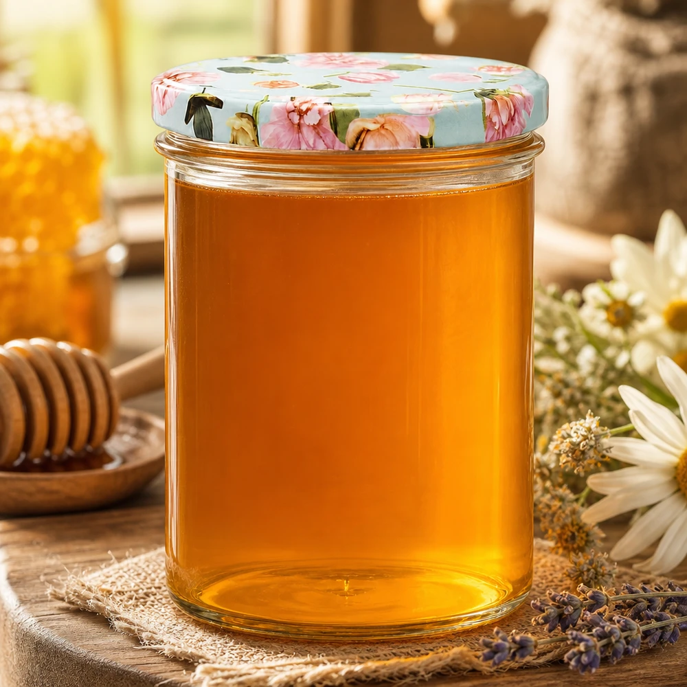 Pot de 435 ml rempli de miel avec couvercle à fleurs menthe à côté de fleurs Daisy sur table en bois décorée de manière rustique