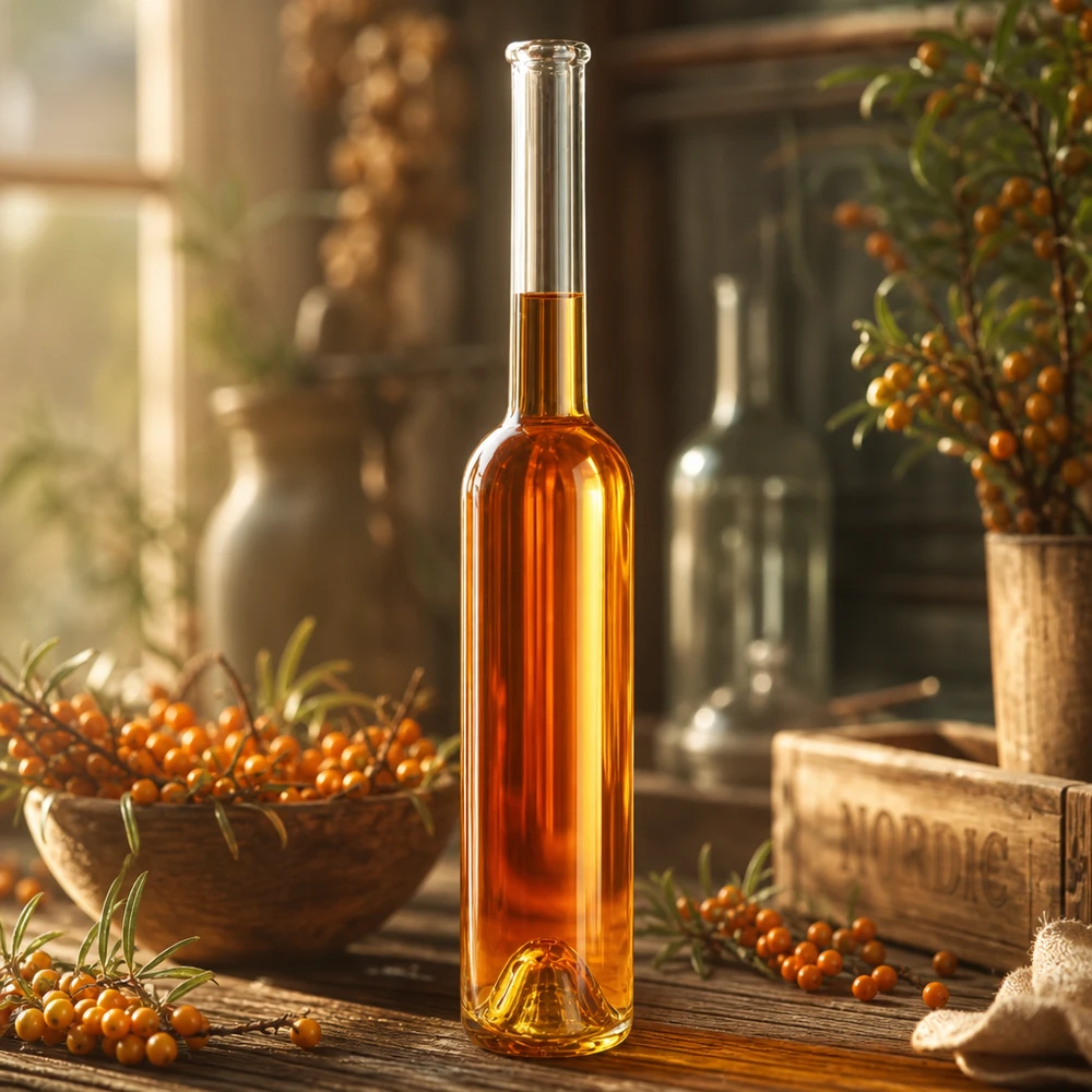 Bouteille en verre 100 ml « Hugo » sans bouchon UNiTWIST® Bouteille en verre de 100ml Hugo remplie de liqueur d'argousier Décoration Cuisine Eaux de vie naturelles de fruits UNiTWIST Photo produit 4