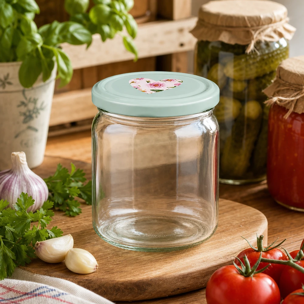 Pot rond de 408ml avec couvercle à coeur BasicSeal menthe vide sur planche en bois, ambiance cuisine avec tomates, herbes et bocaux à conserves