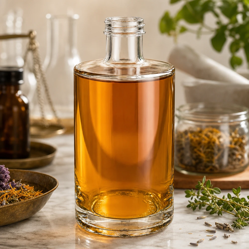 Bouteille en verre Sam de 375 ml contenant un liquide ambré dans une ambiance naturelle arrangée avec des herbes et des épices