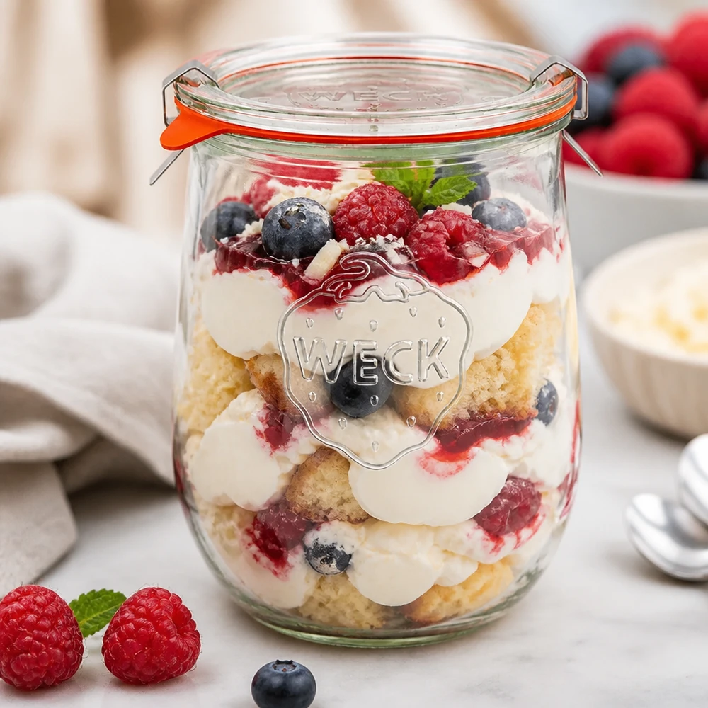 1062ml bocal tulipe complet WECK RR100 WECK Pot à tulipe 1062ml RR100 comme verre à dessert pour trifle avec crème aux baies et fond de tarte dans le dessert en couches