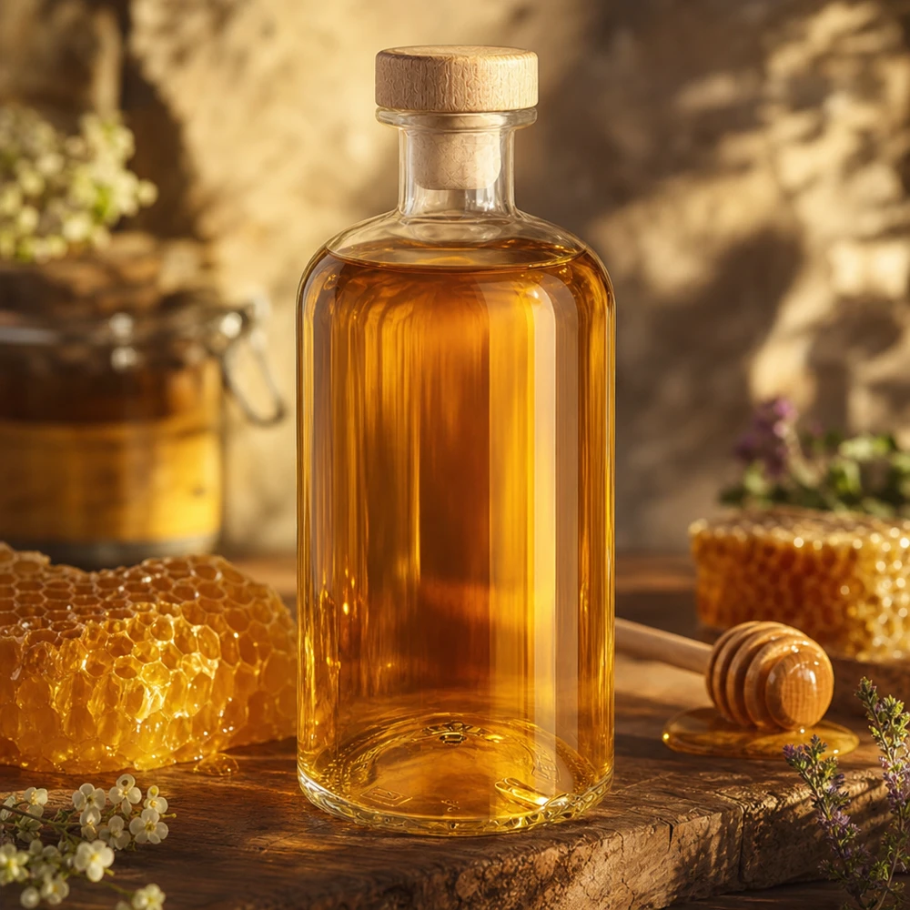 Bouteille en verre Flora 500ml remplie de miel à côté de rayons d'abeilles et d'un dipper au miel sur une planche en bois rustique dans la lumière chaude