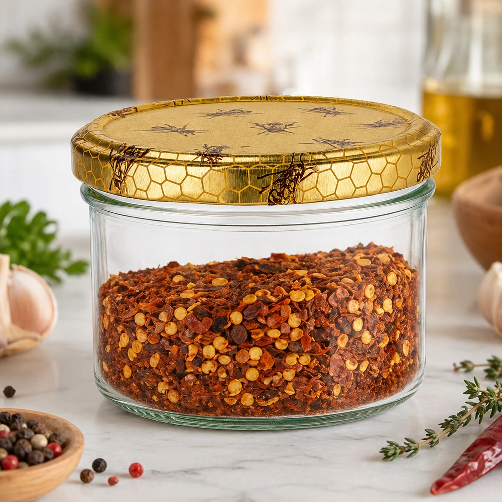 Pot à miel 300 g avec couvercle motif rayon de miel BasicSeal UNiTWIST Pot de miel de 300g avec couvercle en nid d'abeille utilisable comme boîte à épices pour les flocons de piment dans la cuisine