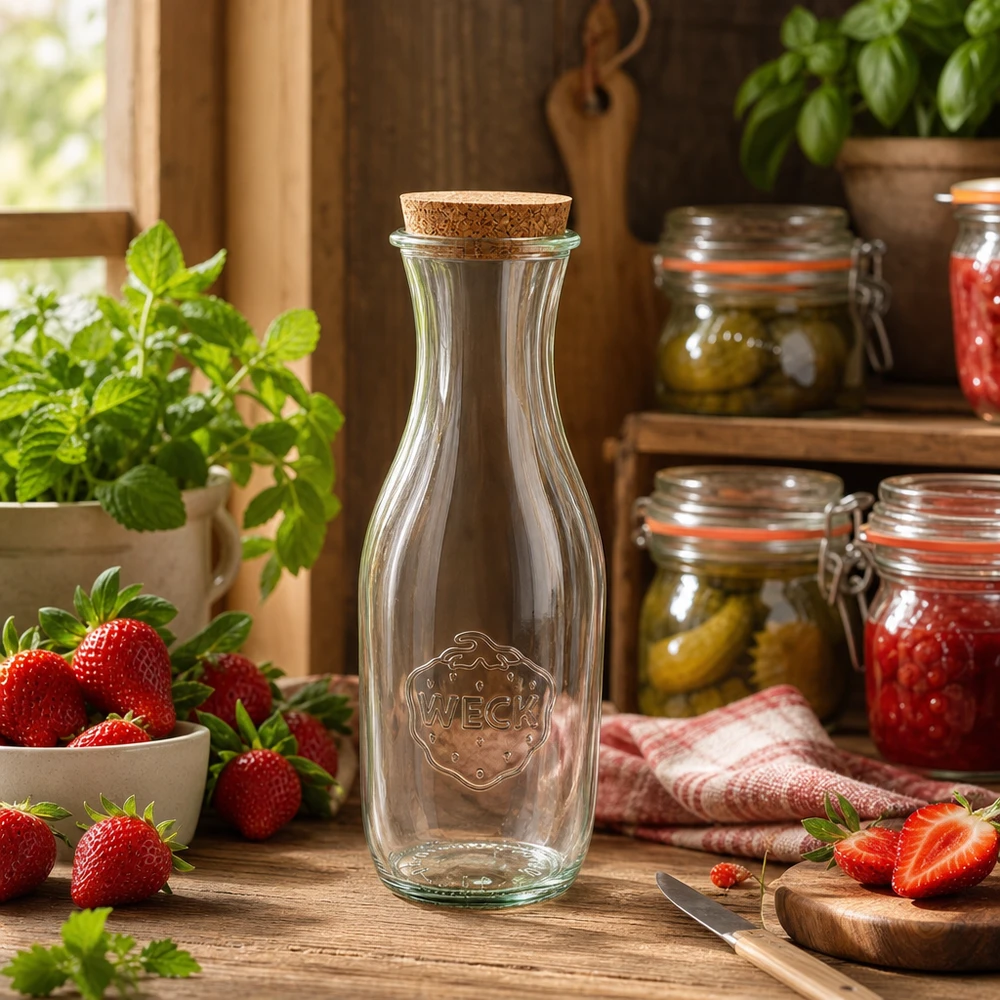 1062ml Bouteille à jus de fruits WECK RR60 avec bouchon nature WECK Bouteille en verre 1062ml dans une cuisine rustique décorée avec des fraises fraîches et des bocaux de conserve