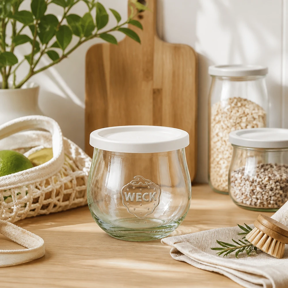 Bocal tulipe de 370 ml avec couvercle hermétique WECK RR80 WECK Pot tulipe 370ml RR80 mis en scène de manière décorative dans une atmosphère de cuisine naturelle avec des ustensiles en bois et des bocaux à provisions