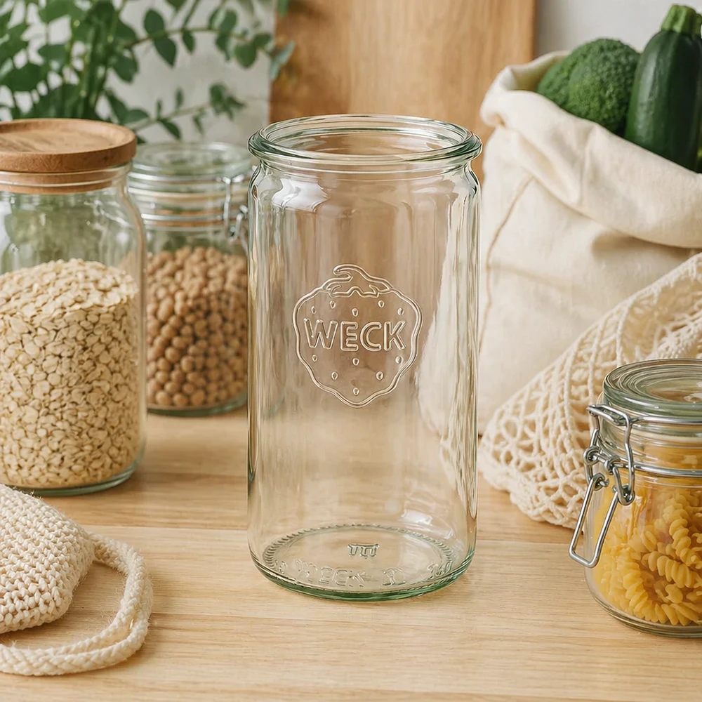 Bocal en verre cylindrique WECK RR60 de 340 ml WECK Verre cylindrique 340ml RR60 dans une cuisine durable zéro déchet avec des bocaux à provisions et des sacs en coton