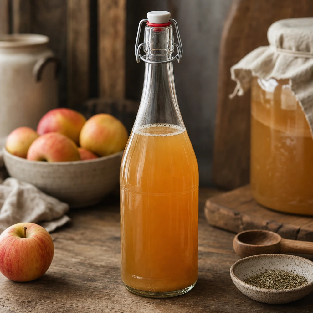 750ml bouteille en verre bouchon à étrier remplie de jus de pomme cuisine rustique fruits table en bois naturellement fait maison