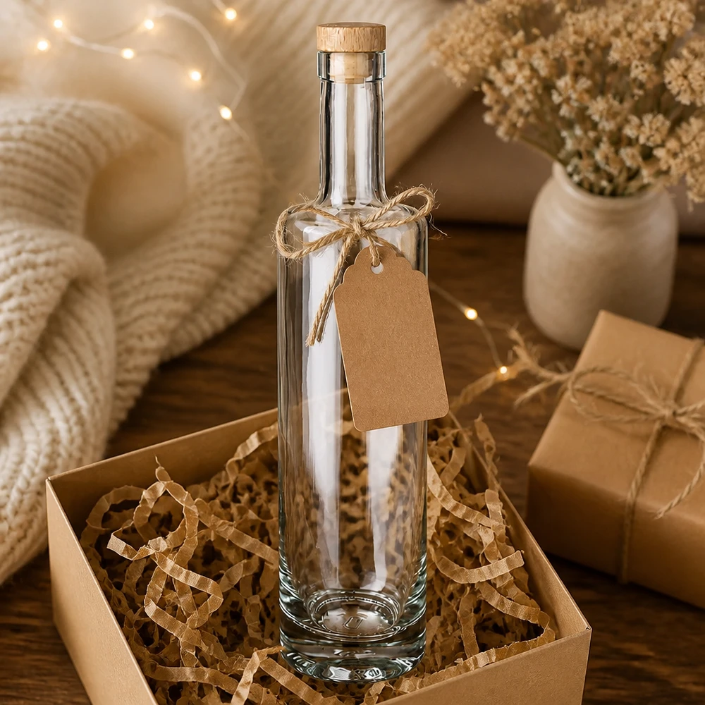 Bouteille en verre 500 ml « Lina » avec bouchon en bois UNiTWIST® Bouteille en verre Lina de 500 ml Emballage cadeau avec boîte en papier kraft Pendentif décorations lumineuses blanc chaud