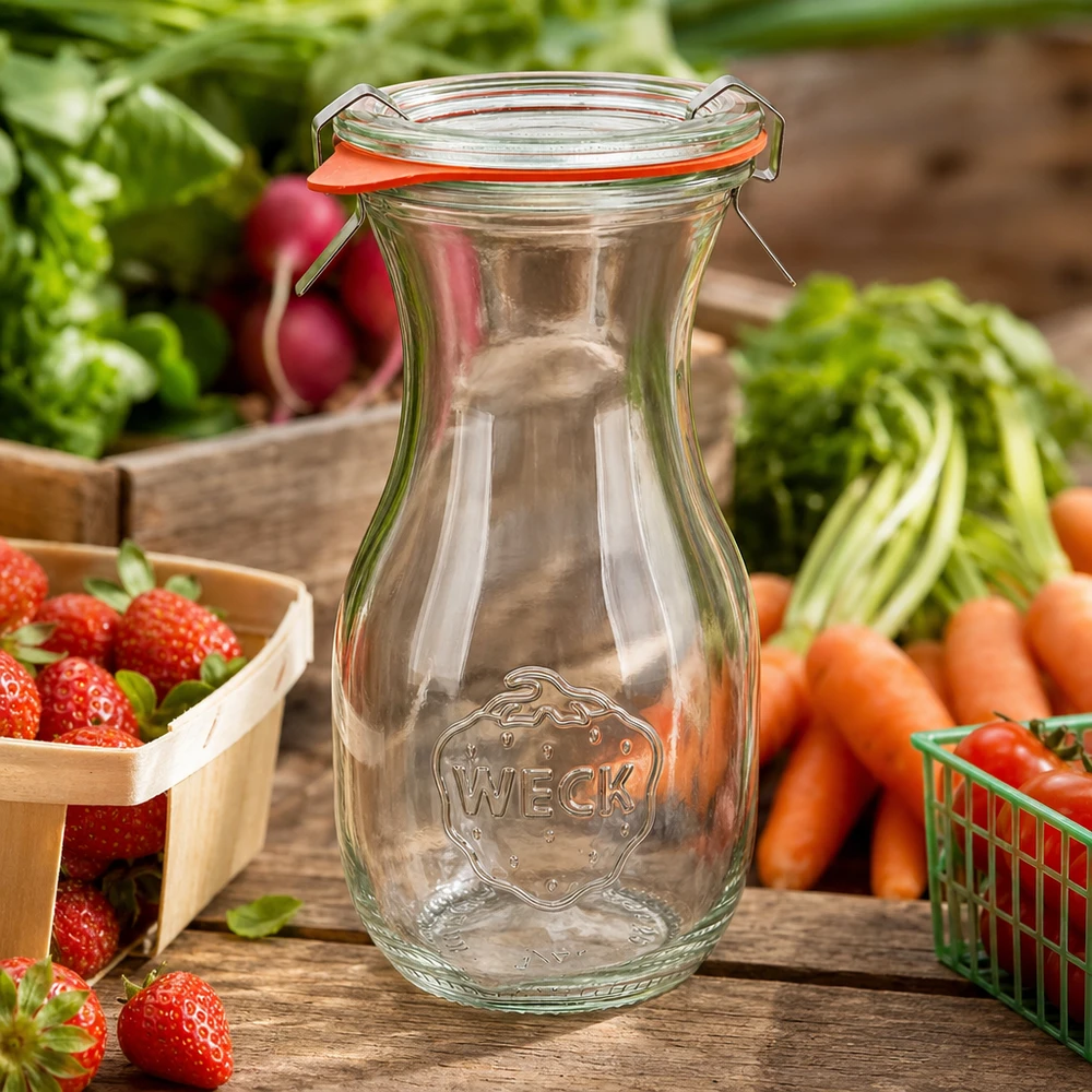 Bouteille à jus de 290 ml, ensemble complet WECK RR60 WECK Bouteille de jus 290ml RR60 vide avec bouchon à étrier entre des fruits et légumes frais sur une table en bois rustique