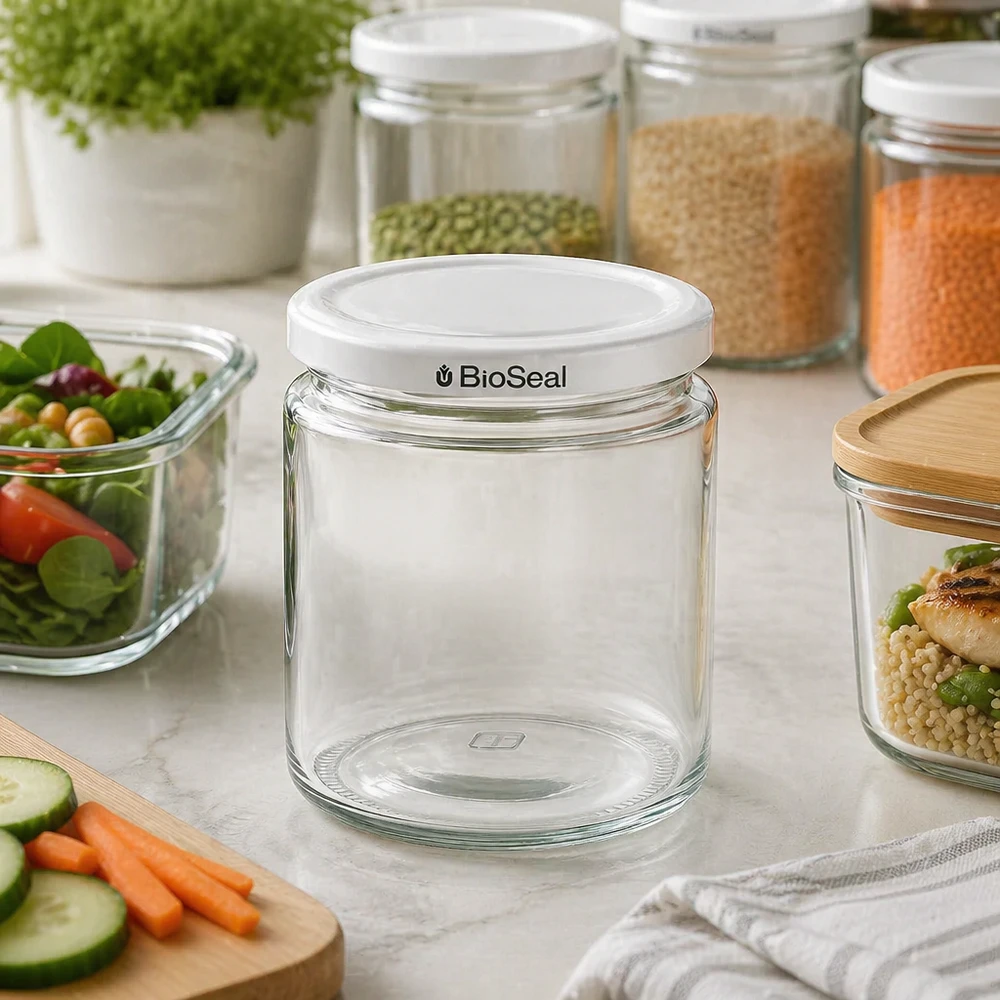 Pot à miel 350 g avec couvercle blanc BioSeal UNiTWIST Pot à miel de 250ml avec couvercle blanc BioSeal vide dans la cuisine moderne entre les bocaux de stockage et les aliments frais