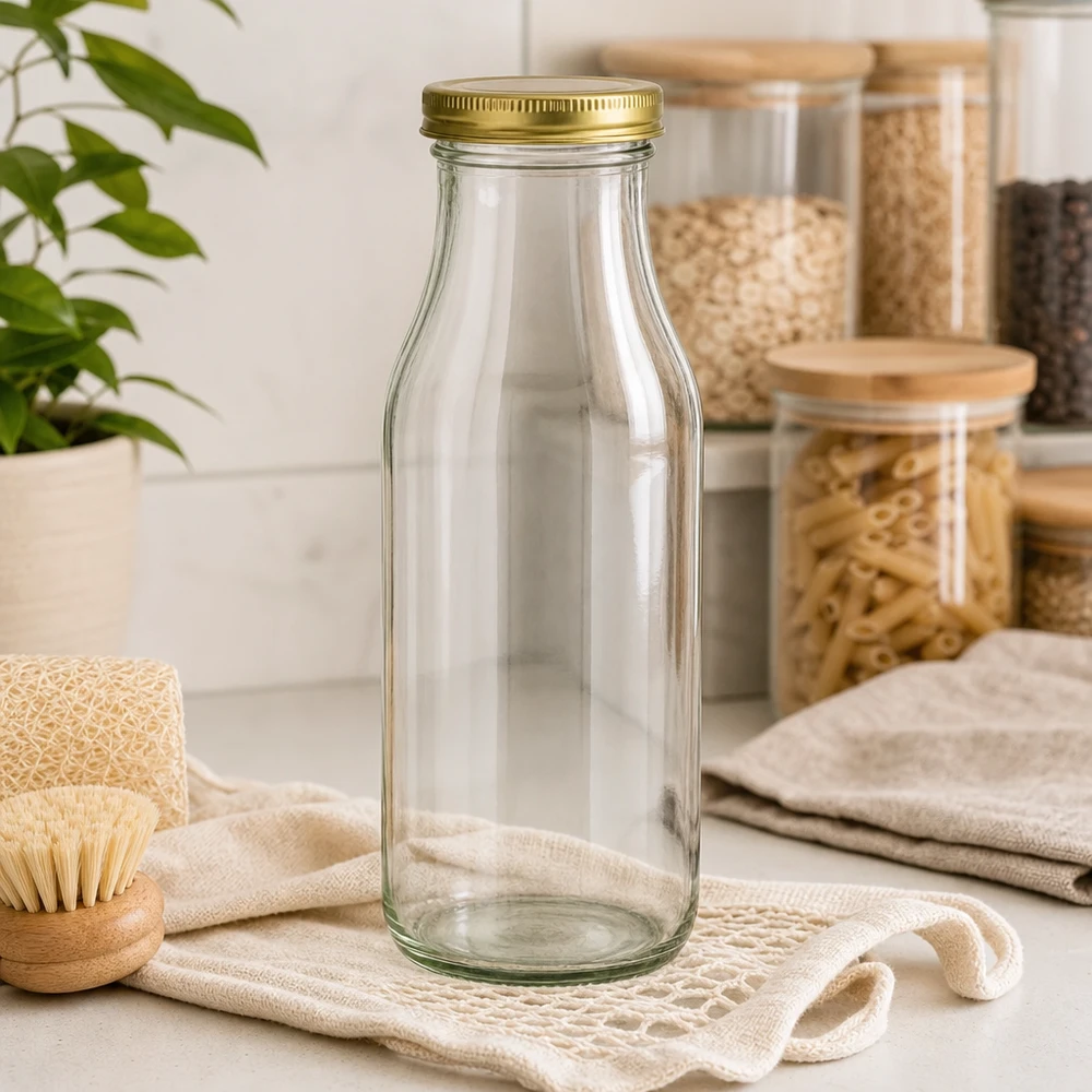 UNiTWIST Bottle263 Bouteille en verre avec couvercle TO43 BioSeal doré dans une cuisine durable zéro déchet avec bocaux à provisions