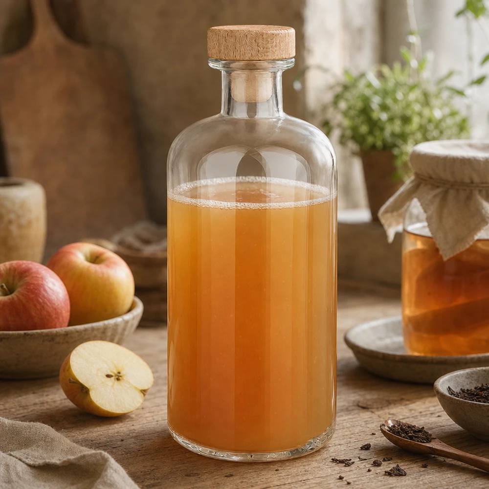 Bouteille en verre Flora 500ml remplie de vinaigre de cidre entre des pommes fraîches et des épices sur une table en bois cuisine rustique